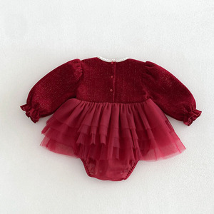Vente en gros Automne Noël 0-24M <span class=keywords><strong>Combinaison</strong></span> pour bébés filles nouveau-nés et tout-petits, barboteuse à manches longues avec empiècements en maille, vêtements pour enfants - Product Image 5