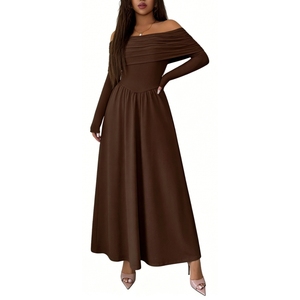 Vestido largo de manga larga con hombros descubiertos para mujer, vestidos formales fluidos, a la moda - Product Image 5