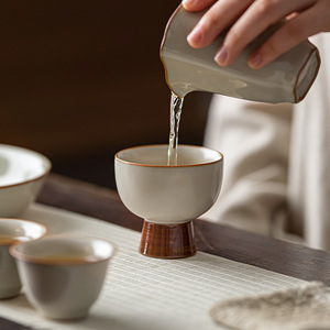 Retro Ru Ware Stemmed <b>Teacup</b> Ceramic Single Cup Crackle Glaze For Kung Fu Tea Tasting Cup Beige New Chinese Style - Product Image 3