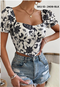 Haut asymétrique élégant en tissu tissé à imprimé floral noir pour femme, coupe régulière, confortable, idéal pour l'été, les soirées en club ou les fêtes. - Product Image 3