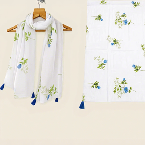 Women's Poly Linen Floral Printed Shawl Lightweight Soft <b>Scarf</b> with Tassel Edge for Casual Fashion Wear - Product Image 1