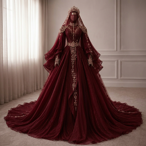 Robe de mariée en mousseline bordeaux, style princesse, col montant en dentelle, manches longues, ornée de perles, traîne cathédrale, style vintage, longueur ras du sol, coupe Empire - Product Image 1