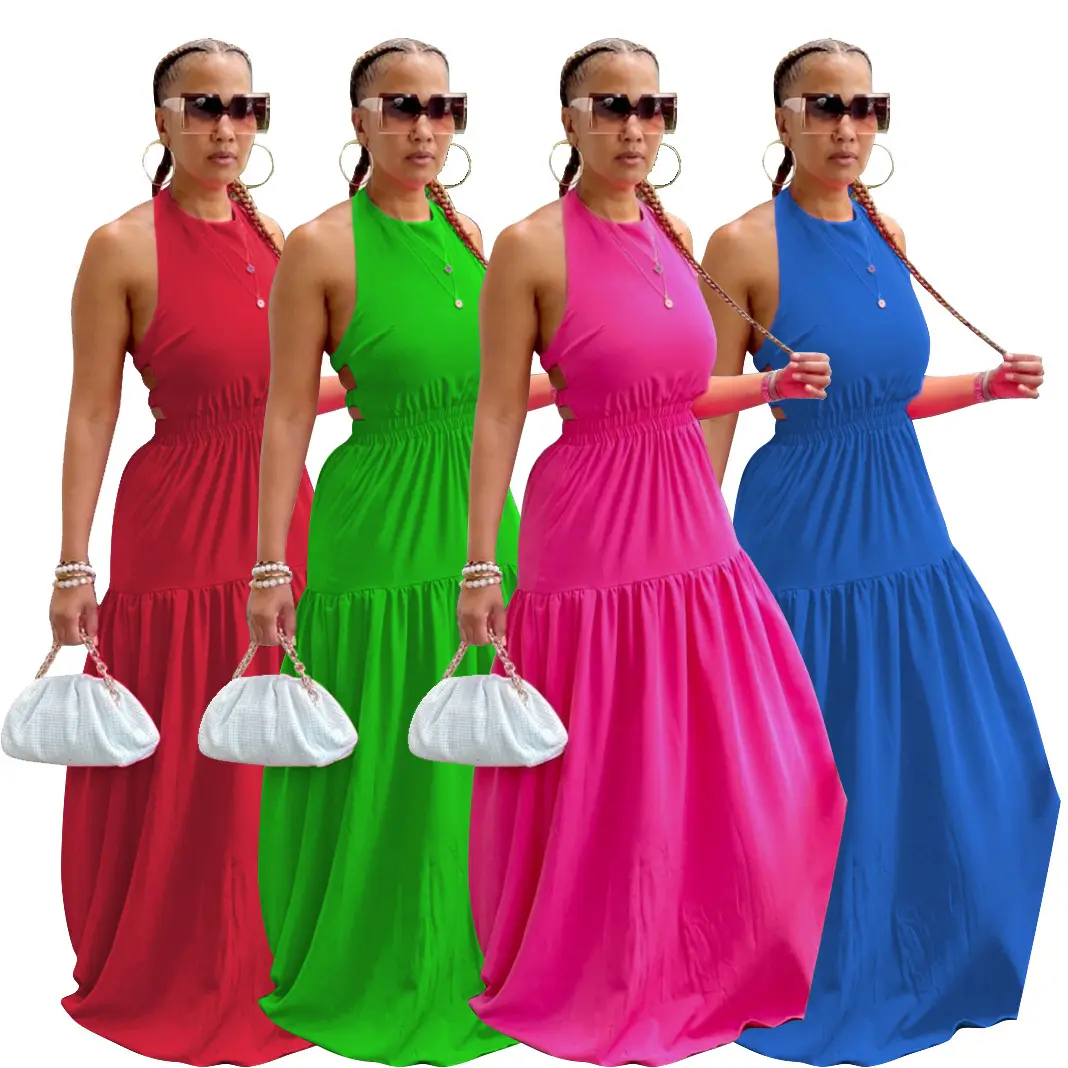2023 New Design Summer Women Sexy Backless Maxi Dress Solid Color Sleeveless Floor Length Dress
