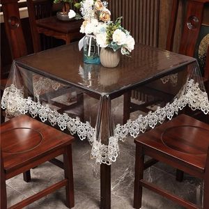 HuiHe Housse de <span class=keywords><strong>table</strong></span> élégante en <span class=keywords><strong>PVC</strong></span> transparent, nappe en vinyle transparente, 100% imperméable, protection de <span class=keywords><strong>table</strong></span> avec bordure en dentelle blanche délicate - Product Image 6