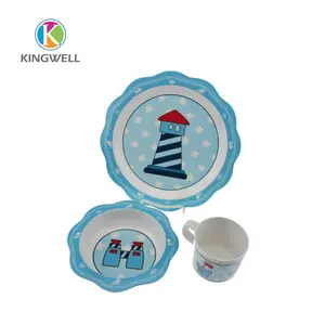 Factory price wholesale cute food blue safety melamine kids plastic bamboo plate bowl cup set dinner set for kids feeding set