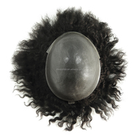 Toupee Afro Rizado de 12 mm, Cabello Humano Indio, PU # 1B/ # 1 Unidad de Cabello con 130% de Densidad, Hecha a Mano, Sin Nudos, Estilo Libre