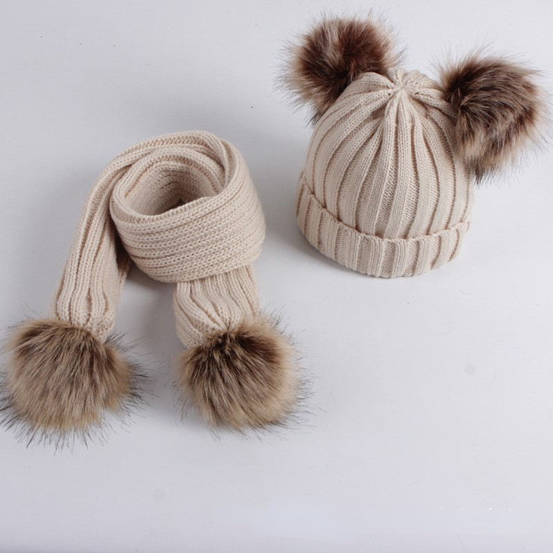 DDA1097 Trẻ Em Len Faux Fox Fur Hat Set Hairball Ấm Mùa Đông Bé Dệt Kim Beanies Scarf Kids Đôi Bóng Pompom Mũ Khăn Quàng Cổ