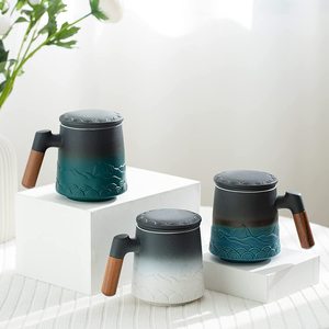 Embossed Gradient Large Ceramic Coffee Mug <strong>Set</strong> With Infuser and Lid Loose Steeping <strong>Teacup</strong> <strong>Set</strong> Ceramic Mug - Product Image 1