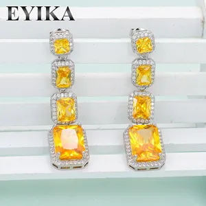 Luxus gelbe CZ Steine Diamant Baguette Tropfen Ohrringe Luxus baumeln große Kristall Tropfen Ohrringe für Hochzeits feier