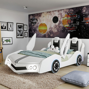 Cama Infantil Moderna de Lujo Ligero con Forma de Coche Blanco, con Almacenamiento, Tapizada en Cuero, con Barandillas de Seguridad y Diseño de Dibujos Animados - Product Image 6