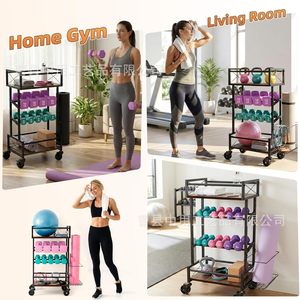 4 Tier Iron Wood Gym Storage Rack With Wheels For <b>Dumbbells</b> Kettlebells Yoga Mats Equipment Organizer - Product Image 4
