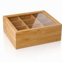 Boîte de rangement à thé en bambou avec logo personnalisé, couvercle coulissant transparent, organisateur multi-compartiments pour sachets de thé, coffret cadeau, vente en gros