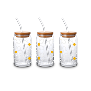 <span class=keywords><strong>Margherita</strong></span> bianca 16oz libey in vetro con coperchio di bambù e paglia può modellare il vetro con disegno floreale Boho per il succo di latte ghiacciato al caffè - Product Image 4