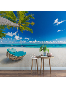 Papel Tapiz Mural 3D Moderno con Palmeras Tropicales, Cielo <span class=keywords><strong>Azul</strong></span> y Paisaje Oceánico, Ideal para Sala de Estar, Dormitorio u Hotel, Resistente al Agua - Product Image 5