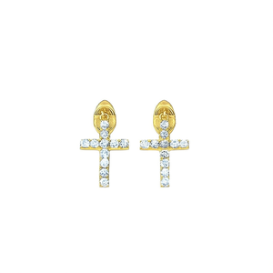 Pendientes de Cruz de Oro E4102 con Diamantes Redondos de Corte Brillante, Engaste de Puntas, Religiosos, Cristianos, Unisex, para Uso Diario - Product Image 1