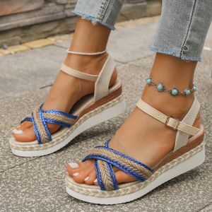 Women Cross Strap Thick Sole European and American Style Wedge Sandals Summer New Hemp Rope Large Sandals - Product Image 6