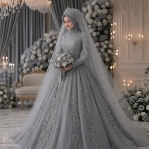 Elegant <b>Bride</b> Gray Ball <b>Gown</b> Wedding Dress High Neck Long Sleeve Beaded Embroidered Chiffon Cathedral/Royal Train Vintage - Product Image 1