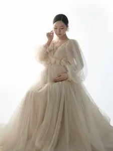 הריון טול שמלת תינוק מקלחות שמפניה שמלה יפה רשת תחרת V-צוואר יום נישואים יולדות שמלה