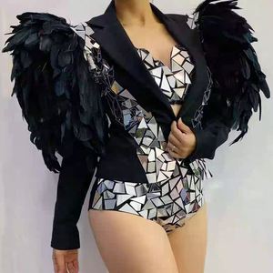 Conjuntos de Bikini de Spandex/Poliéster con Lente Reflectante y Diseño de Concha de Pájaro en Relieve, Abrigo con Plumas Divididas, para Danza del Vientre Gogo y Actuaciones DS - Product Image 4