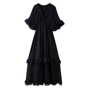 Women's 2025 Autumn Summer Vintage Casual Woven Dress New Chic Fashion Ruffled Maxi Robe with Short Sleeves Solid <b>Pattern</b> - Product Image 3