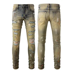 Wholesale Men's Quality Trousers Casual Straight Cut Skinny Jeans in Denim Fabric Light Wash Solid Pattern Convenient Pockets