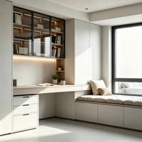 Meuble mural sur mesure pour bureau, avec armoire vitrée, étagère LED, placards, banquette de fenêtre et tiroirs de rangement