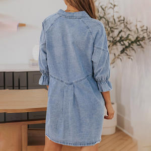 Camiseta personalizada Sidefeel informal para mujer Vestido vaquero hasta la rodilla Oem Smocked 3 4 manga botón abajo Jeans camiseta <span class=keywords><strong>vestidos</strong></span> para mujer - Product Image 2