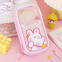 Trousse à crayons pour enfants BEYOND Cute Rabbit, grande capacité, 3 couches, transparente en PVC et PU, trousse à crayons scolaire pour filles avec poche