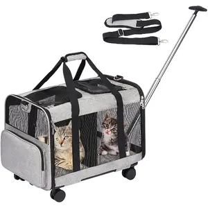 Double Compartment Pet Carrier With Detachable Wheels Rolling Carrier For 2 Small Cats Super Ventilated Design