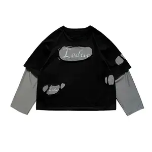 Logo personnalisé OEM Faux deux pièces, déchirure délavée, manches longues, t-shirt double épaisseur à manches longues pour homme