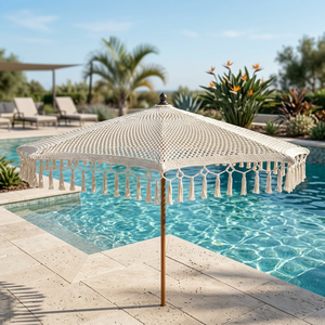 Handwoven Macrame Bohemian Beach Umbrella Manual Control for Travel Outdoor Use Crochet Fringe <b>Sun</b> <b>Shade</b> Canopy Wood Handle - Product Image 3