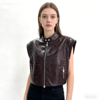Veste en cuir courte marron foncé pour femme, col montant, poches zippées, gilet en cuir marron foncé, vente directe d'usine