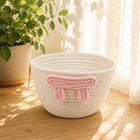 Panier tressé de luxe en corde de coton écologique avec nœud rose décoratif, organisateur de rangement pour vêtements pour étagère de maison