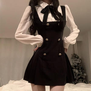 Chubby Korean Fashion Women's Elegant Casual Wear <strong>Black</strong> <strong>Pinafore</strong> <strong>Dress</strong> White Long Sleeve Button Sweet <strong>Dress</strong> - Product Image 1