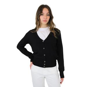 Uwa24122cd Cardigan nero lungo stile Streetwear con tecniche ricamate e Jacquard decorazione a bottone per l'autunno inverno - Product Image 1