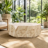 Table basse de luxe en bois de burl facetté, table centrale octogonale sculpturale rustique et créative