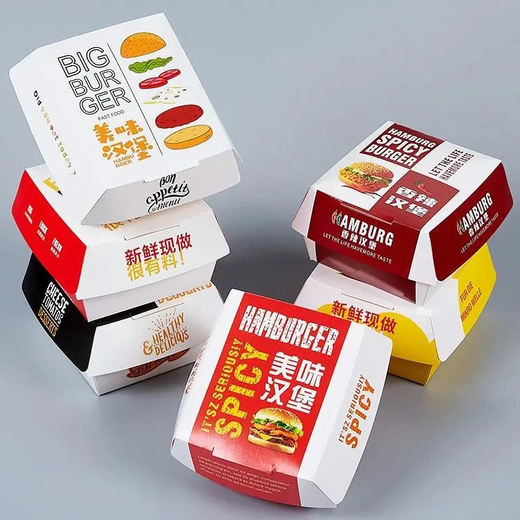 Caja de papel de hamburguesa para embalaje de comida desechable impresa con logotipo personalizado