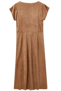 Yüksek kaliteli kadın Vintage yaz elbisesi katı renk v yaka kolsuz A-Line süet rahat tarzı basit örgü uzun tasarım