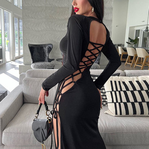 Abito nero Sexy retrò nuovo smussato Modulare stringato a manica lunga irregolare vuoto ultimo abito Sexy - Product Image 5