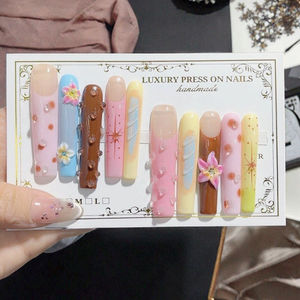 Qianya nuevo dulce color cálido medio largo prensa <span class=keywords><strong>en</strong></span> las <span class=keywords><strong>uñas</strong></span>-rosa amarillo degradado 3D tallado estilo europeo <span class=keywords><strong>uñas</strong></span> postizas hechas a mano - Product Image 2