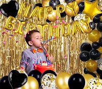 Décorations de fête d'anniversaire, bannière de ballons joyeux anniversaire avec ensemble de ballons noirs et dorés pour fournitures de fête