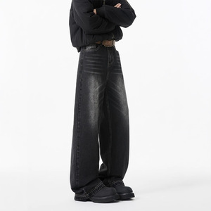 Streetwear Herenwijde <span class=keywords><strong>Jeans</strong></span> met wijde pijpen, katoen, vintage, verbleekt, baggy <span class=keywords><strong>jeans</strong></span> voor heren, effen zwart, blauw gewassen <span class=keywords><strong>jeans</strong></span> - Product Image 1
