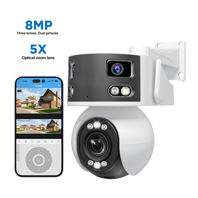 Wholesale 4K 8MP 180 Degree Human Body Detection 3 Lens Dual Light Two-way Audio 5X Zoom PTZ Panoramic Camera