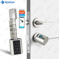 Serrure de porte intelligente à cylindre européen Tediton, nouveau design, en laiton, avec application TUYA, réglable, à empreinte digitale, couleur or