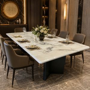 Customized Luxury White <b>Marble</b> Dining <b>Table</b> Rechtangel <b>Top</b> Modern Villa 8~10 Seater Metal Legs Stone Furniture - Product Image 3