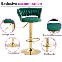 Tabouret de bar en velours tissé de luxe DM Factory, chaise de bar pivotante réglable en hauteur avec base en métal doré et repose-pieds circulaire
