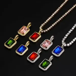 New Dainty Gemstone Necklace Iced Out Colourful Square Zircon Emerald Ruby Gemstone Pendant Tennis Chain Cheap Hip Hop Jewelry