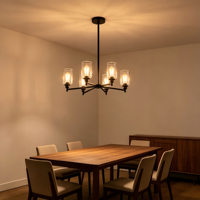 Lustre rustique à 6 lumières, suspension industrielle noire mate, culot E26, abat-jour en verre transparent pour salle à manger et îlot de cuisine