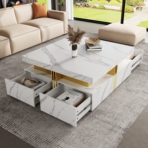 Modern Square <b>Marble</b> Storage Coffee <b>Table</b> with 4 Drawers Durable Movable <b>Nesting</b> Design - Product Image 2