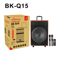 Système de karaoké avec microphones, enceintes de scène de 15 pouces, chariot, double micros et télécommande pour utilisation sur scène et en extérieur